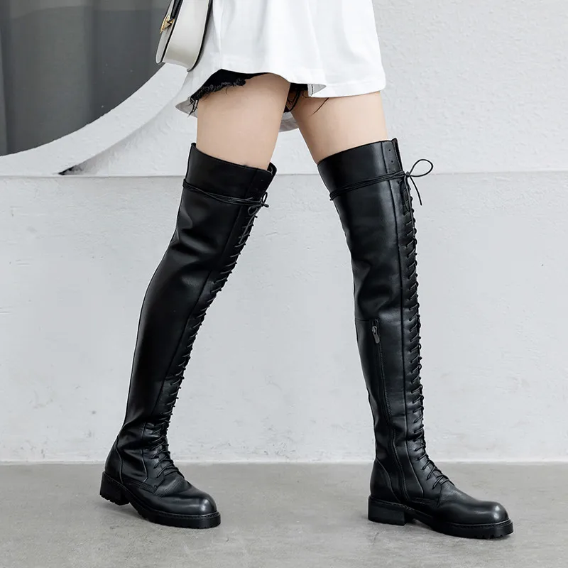 MORAZORA genuine leather shoes women thigh high boots lace up zip low heels platform shoes woman Motorcycle boots black