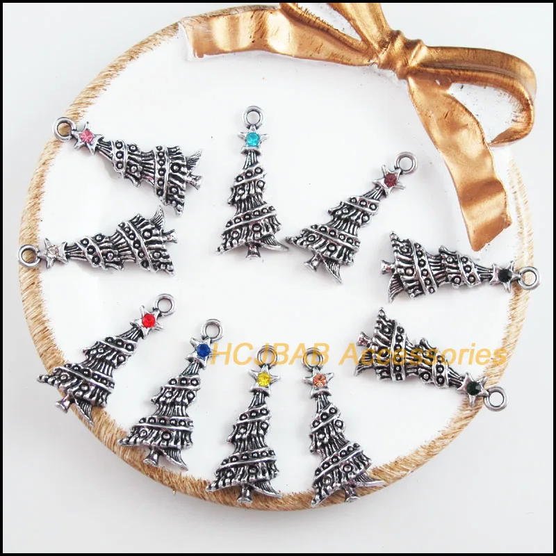 

20 New Christmas Tree Charms Tibetan Silver Tone Mixed Crystal Pendants 14x30mm