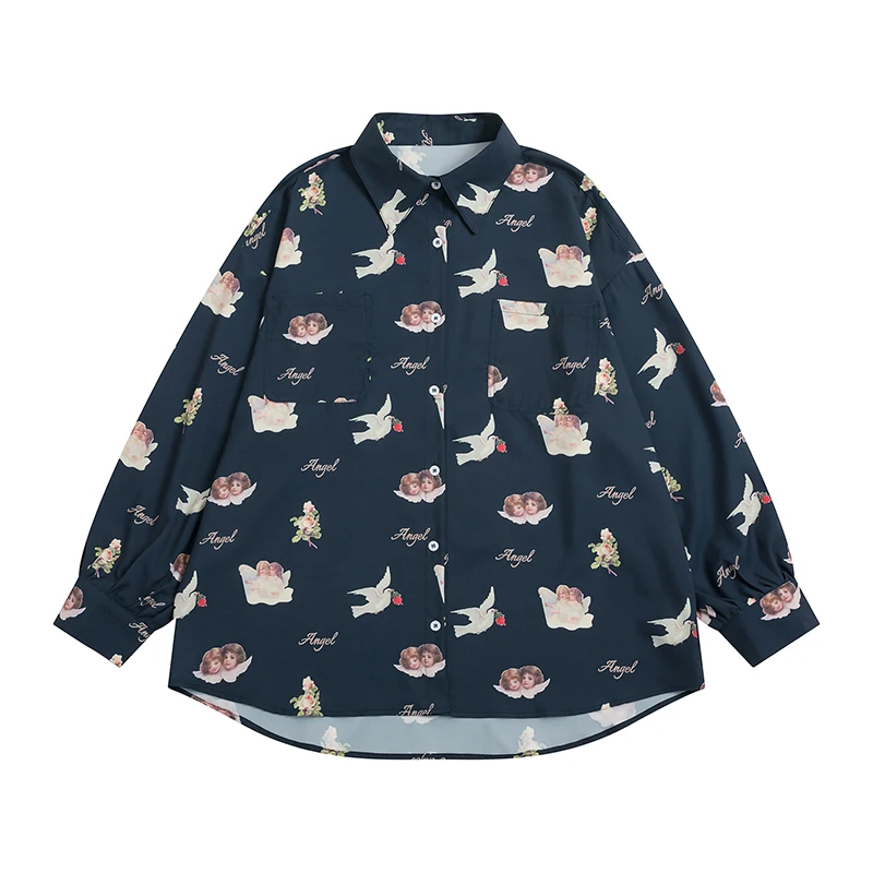 Винтажная рубашка с принтом ангела и голубя новая весенняя Свободная