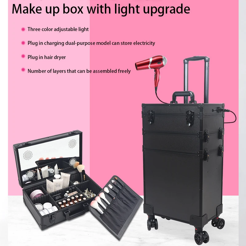 LED With Mirror Cosmetic Case Large Capacity Rolling Wheels Travel Suitcase Makeup Case On  Beauty Nail Tattoo Manicure Trolley
