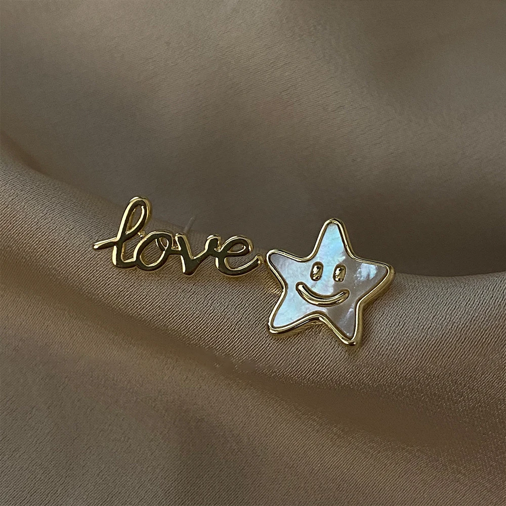

14k Real Gold Asymmetrical Smiley Star Love Letter Stud Earrings Handmade Inlaid Shell Pearl Earrings Sweet Temperament Jewelry