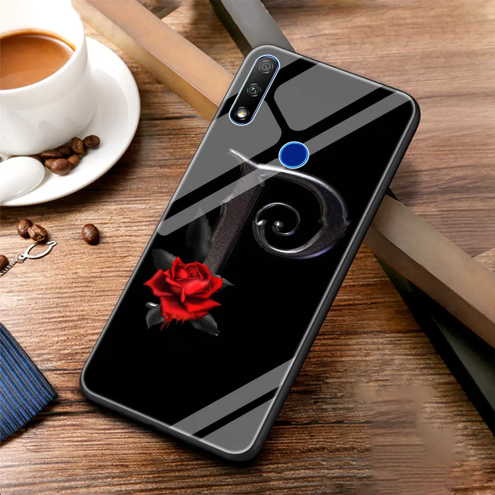 

Flower Clear Initial Letter Phone Case Cover for Honor 8X 9X Pro 10 20 30 Lite Plus Luxury Tempered Glass Soft Edge Shell Funda