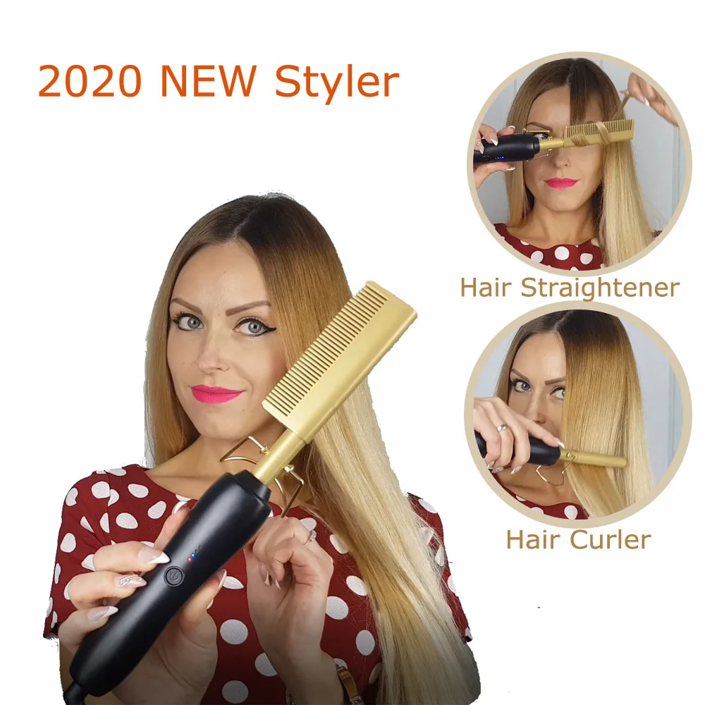 

Gold Heated Comb Hair Curler Hair Straightener Brush Curling Iron Pro 2 in 1 Twist Hair Straightening Iron Hair Straightener