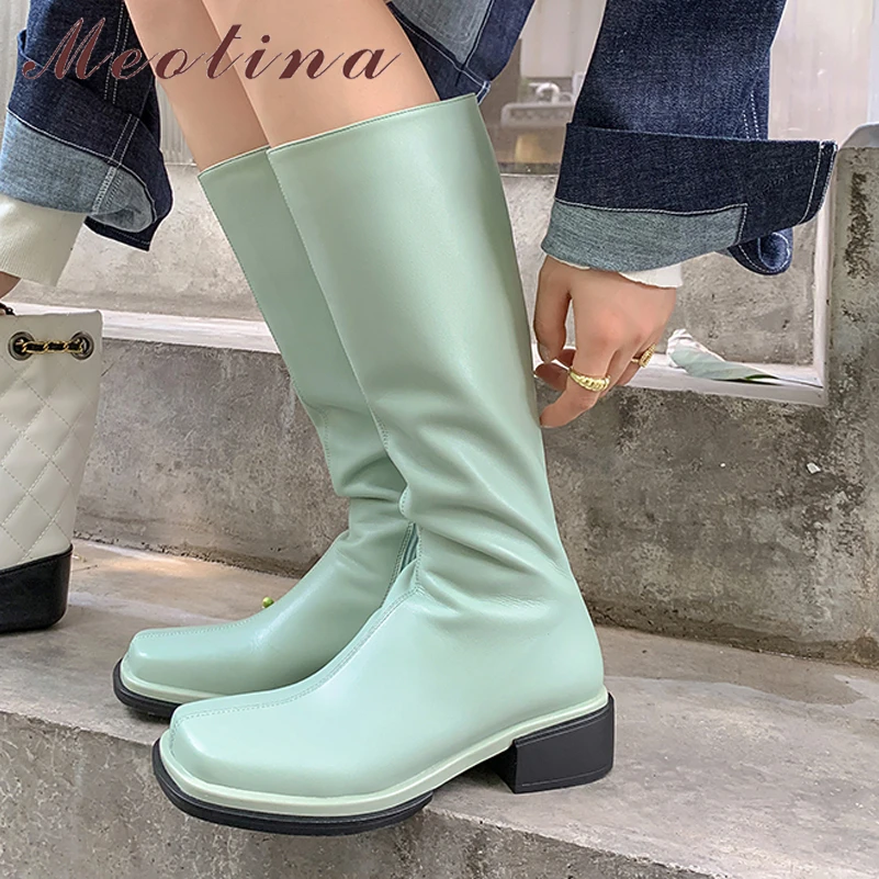 

Meotina Women Genuine Leather Mid-Calf Boots Thick Med Heel Riding Boots Square Toe Zipper Ladies Boots Autumn Winter Green 40