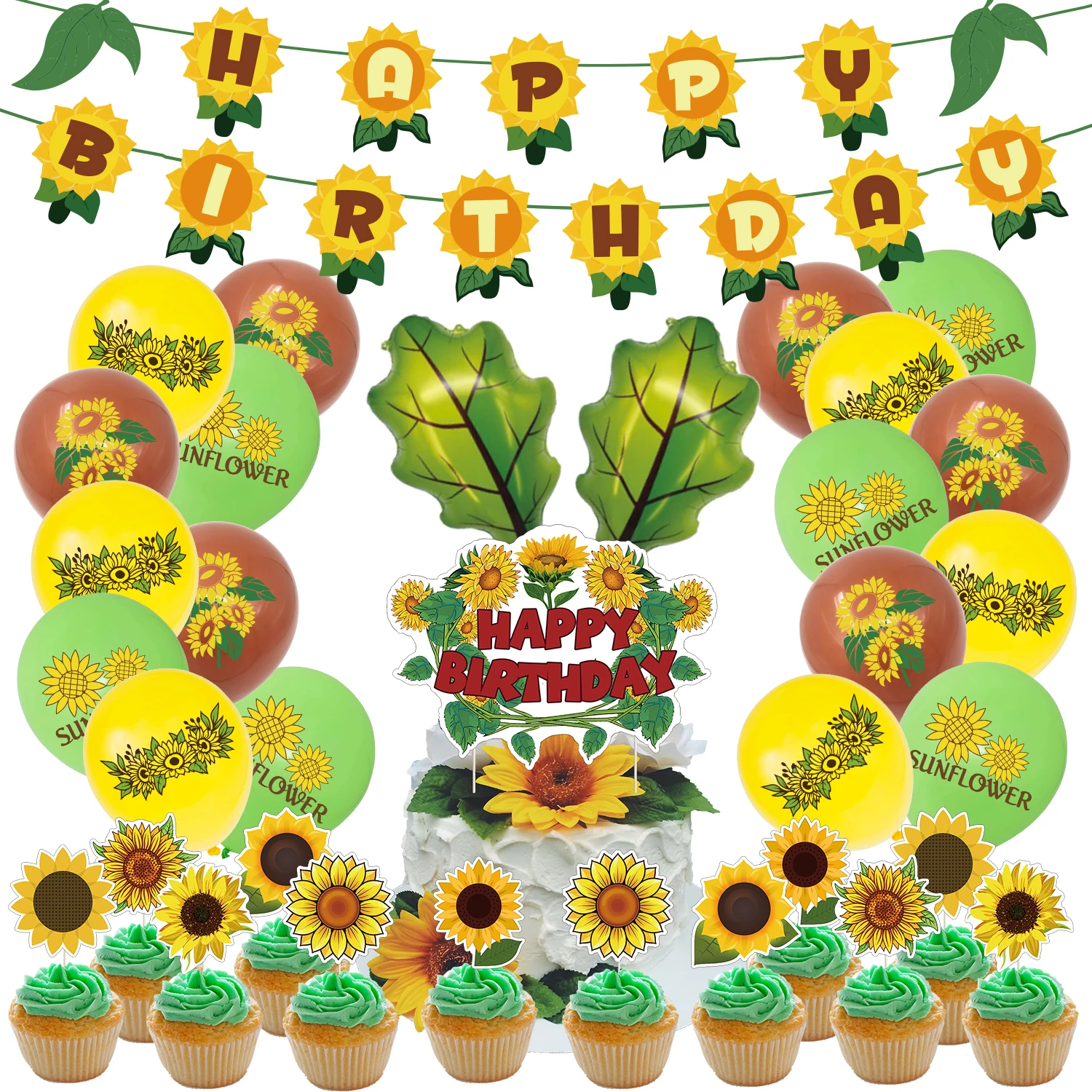 

Sunflower Theme Party Decorations Supplies Sets Sunflower Banner Streamer Leaf Latex Print Balloon Cake Toppers Party Decor Set