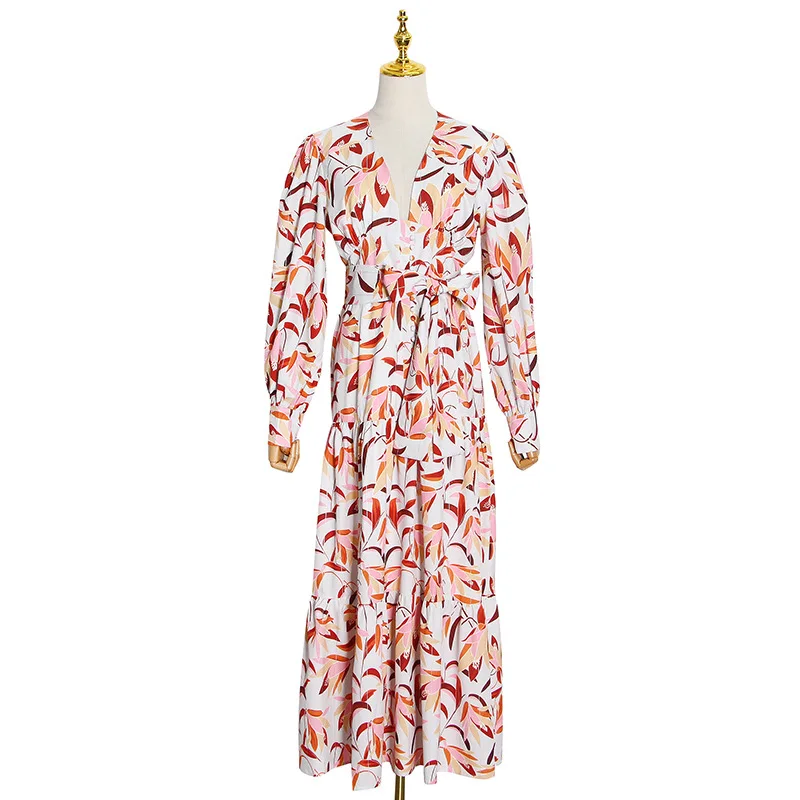 

Vogue of new fund of 2021 autumn deep v-neck printed lantern sleeve female waist long falbala long dress