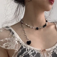 fashion stainless steel dark black metal pearl stitching necklace black frosted heart clavicle chain tide jewelry gift