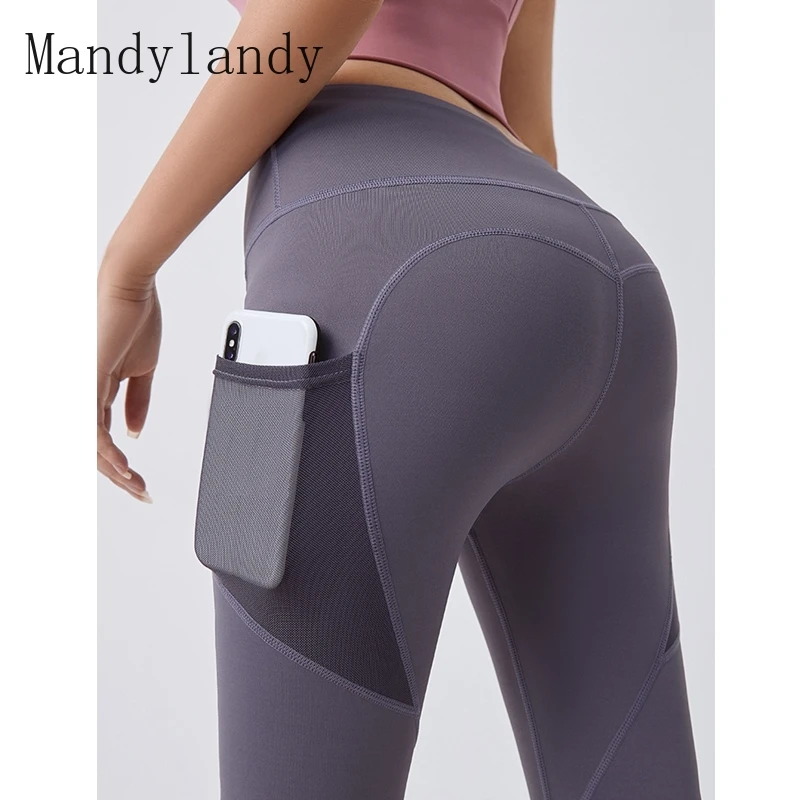 

Mandylandy Yoga Pants Skinny Hip Raise Leggings Quick-Drying High Waist Mesh Side Pocket Running Exercise Workout Pants Legging