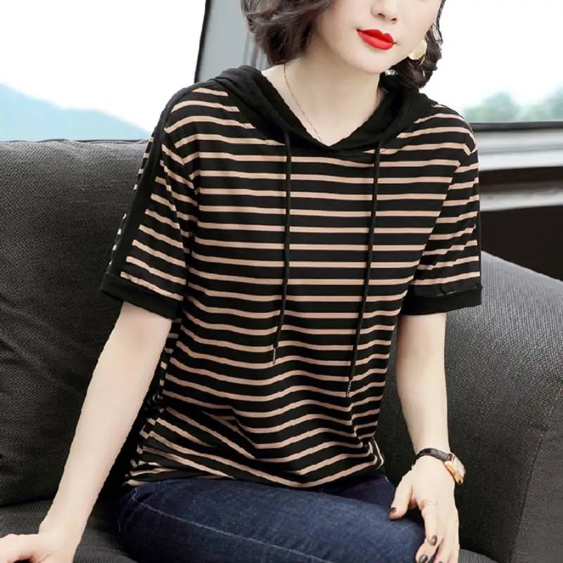 

Korean Hooded Stripe T-shirt Women Short sleeve oversized Summer New Basic Loose Plus Size Casual Tops Female t shirt Fashion