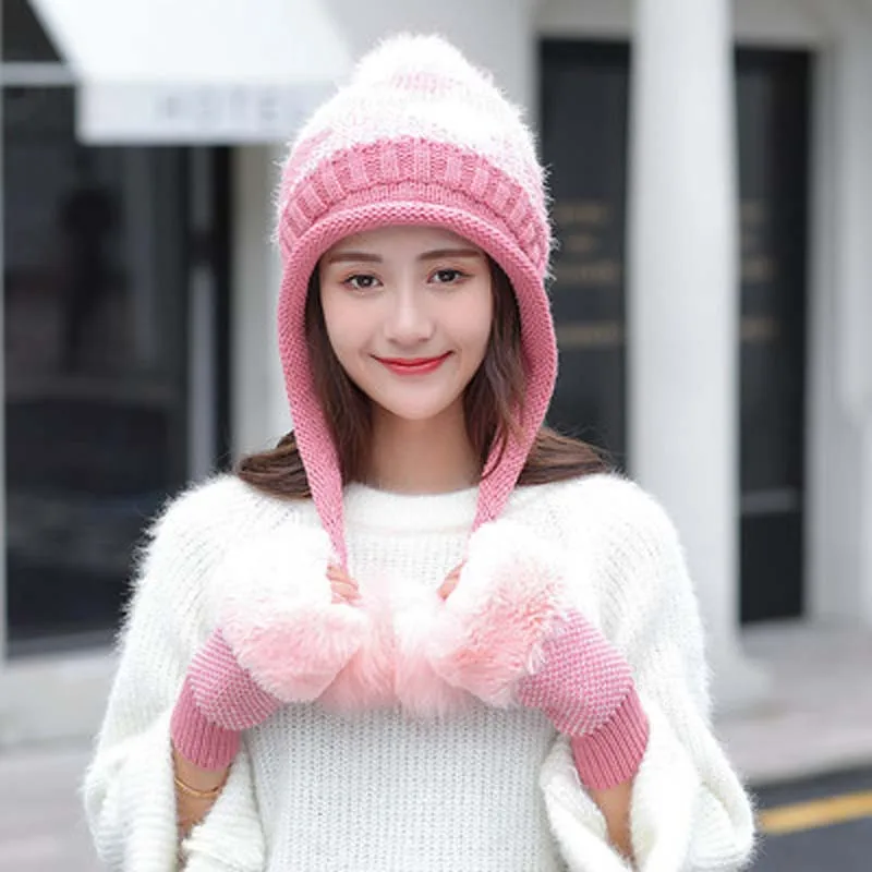 Pink 2 2pcs Зимняя шапка с кроличьим мехом, перчатки, шарф, наборы, утолщенная плюшевая шерсть, теплая шапка s, женская вязаная шапка, уличная ветрозащитная Ушная Лоскутная широкий берет-Боб - Цвет: Pink 2 2pcs