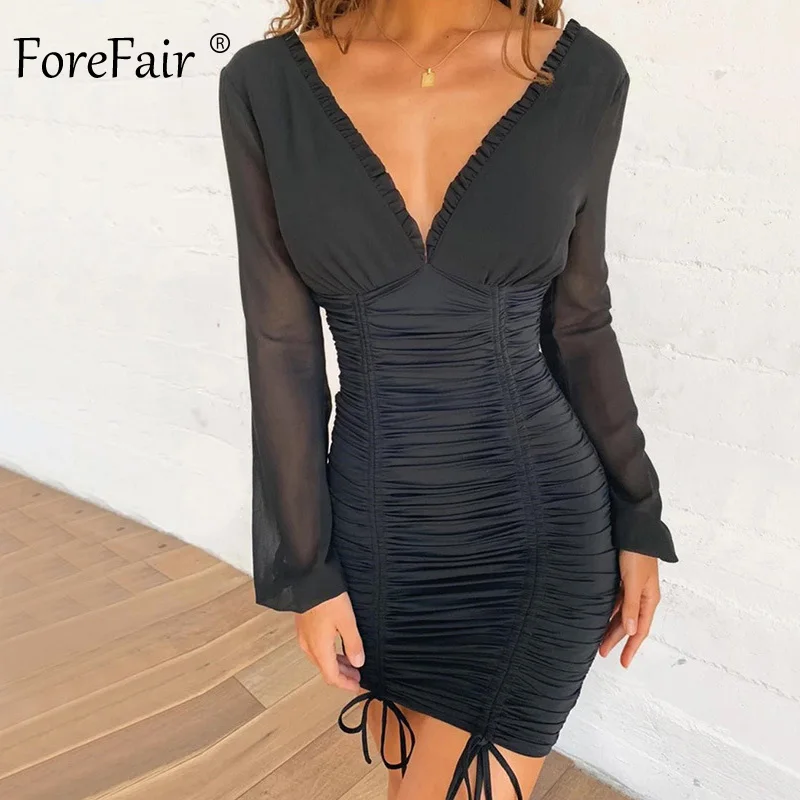 Женское мини-платье с рюшами Forefair розовое и черное шифоновое Бандажное платье