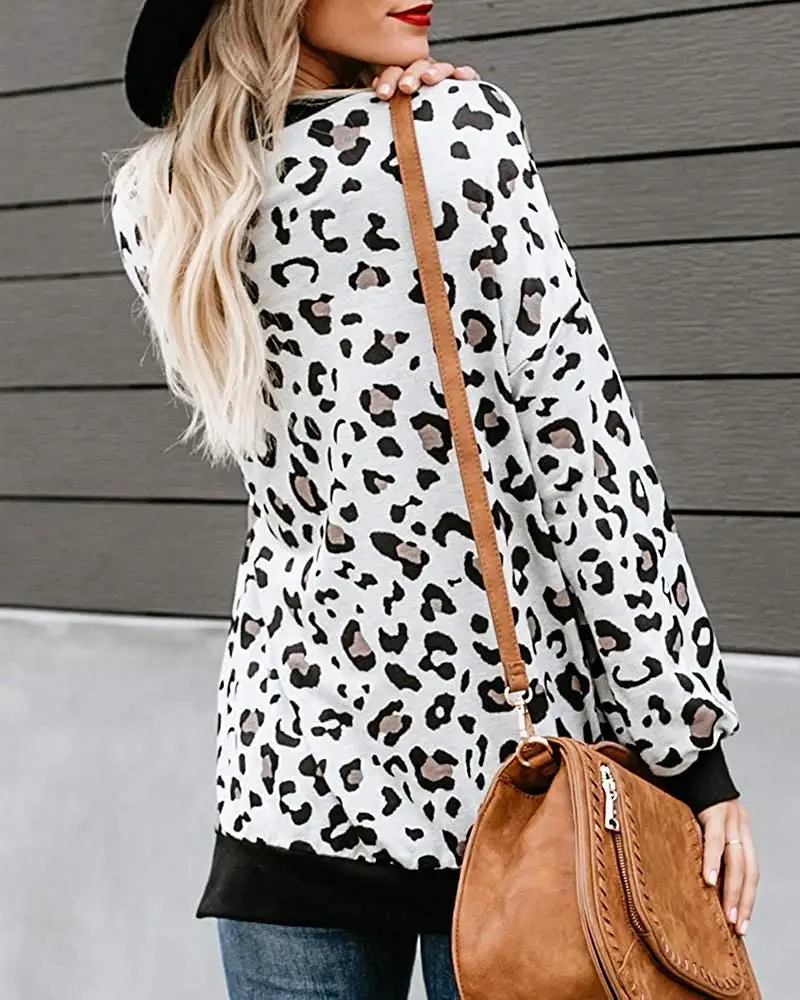 

Imysty Womens Leopard Printed Crew Neck Shirts Casual Loose Long Sleeve Pullover Blouse Tops