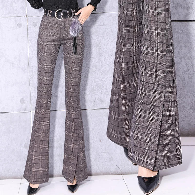 Женские брюки в клетку с широкими штанинами офисная одежда длинные поясом модные