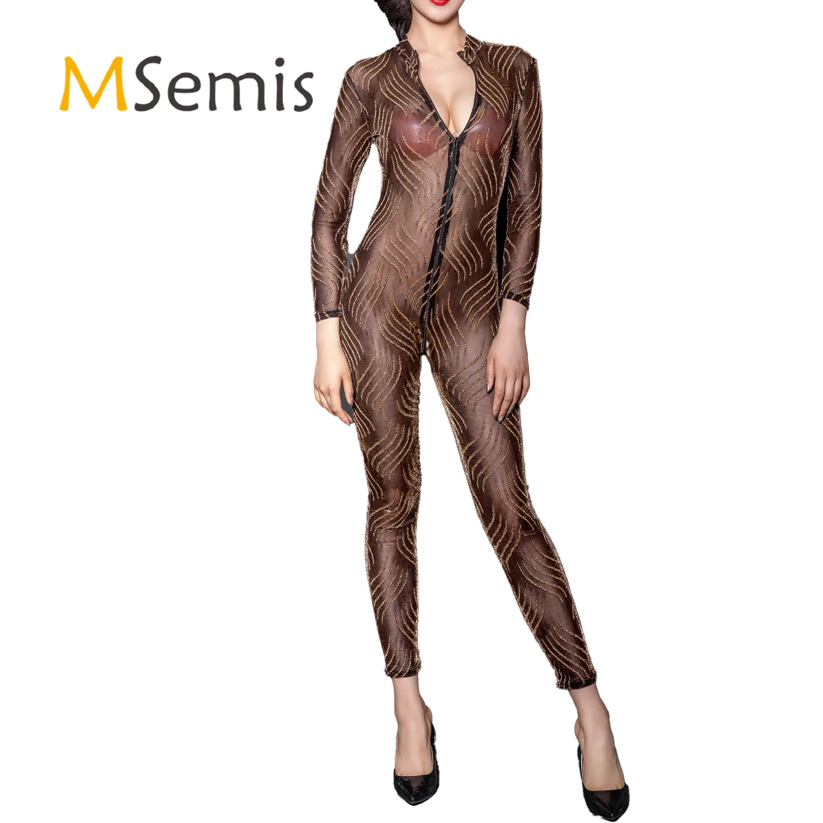 

Womens Lingerie Leopard Print Zipper Crotch Bodysuit Mock Neck Long Sleeve Skinny Jumpsuit Nightwear Clubwear Catsuit
