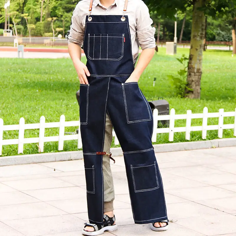 

Long Apron Female Korean Style Lengthened Denim Canvas Male Milk Tea Coffee Nail Barber Shop Overalls