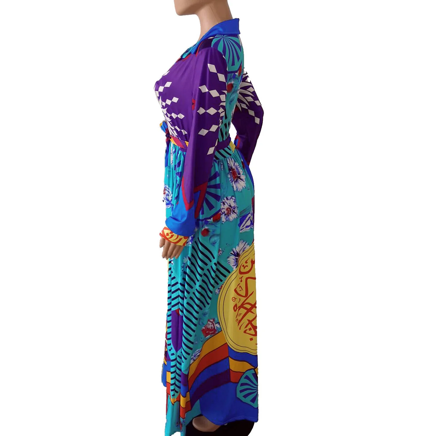 Весенне осеннее платье с длинными рукавами и принтом отложной воротник