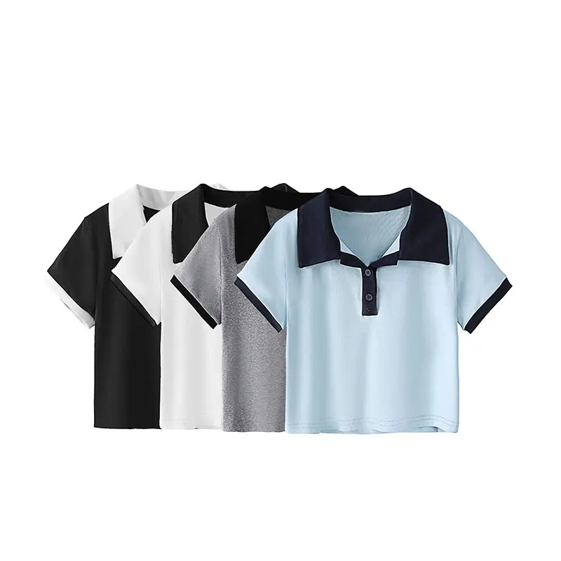 

Spring Summer 2021 New High Waist Slim Turn Down Collar Short Sleeve Woman Tshirts Tops