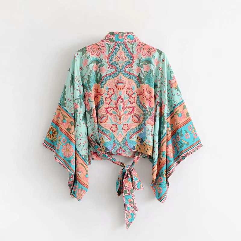 Женское Короткое Кимоно Boho винтажное кимоно с цветочным принтом и поясом новинка