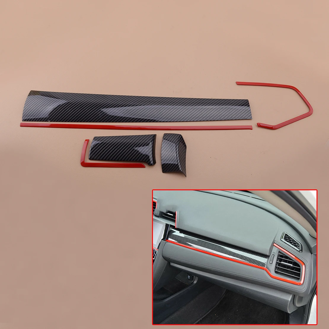 

CITALL 6pcs Red Console Center Dashboard Cover Air Condition Trim Strip Inner Decal fit for Honda Civic 10th 2016 2017 2018 LHD