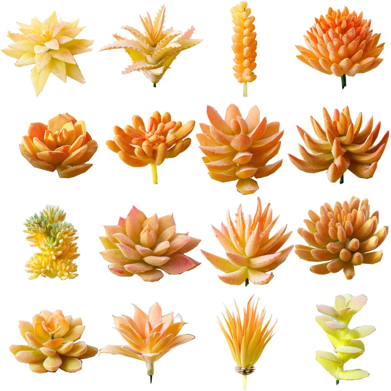 16PCS Artificial Succulent Plants Plastic Faux Cactus Aloe Flocked  Fake Succulents Home Desk Decor DIY Accessories Orange