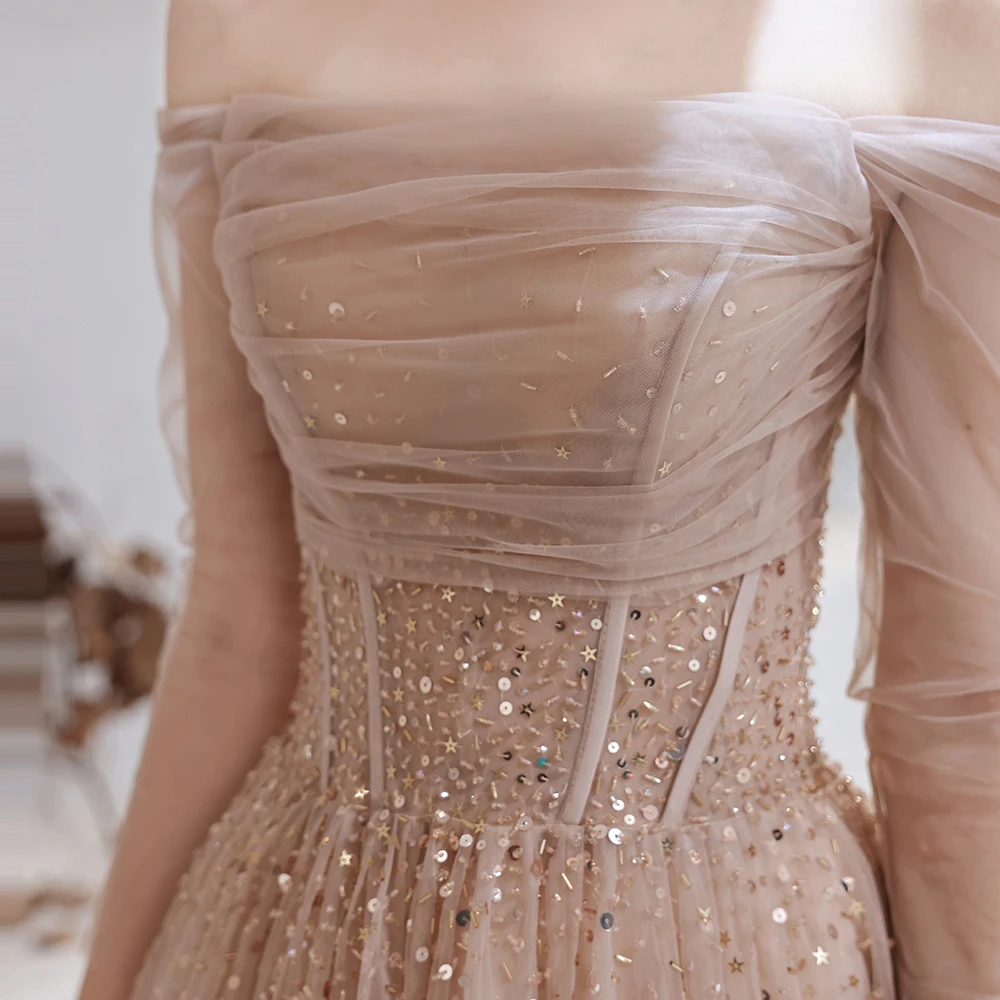 formal evening gowns Gorgeous Evening Dresses 2021 Nude Pink Sexy Off Shoulder Beaded Beading Sequined Long Sleeve Formal Gown formal evening gowns