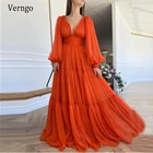 Verngo 2021 новые яркие оранжевые тюлевые вечерние платья трапециевидной формы с глубоким декольте пышные рукава Выпускные платья Платья для особых случаев