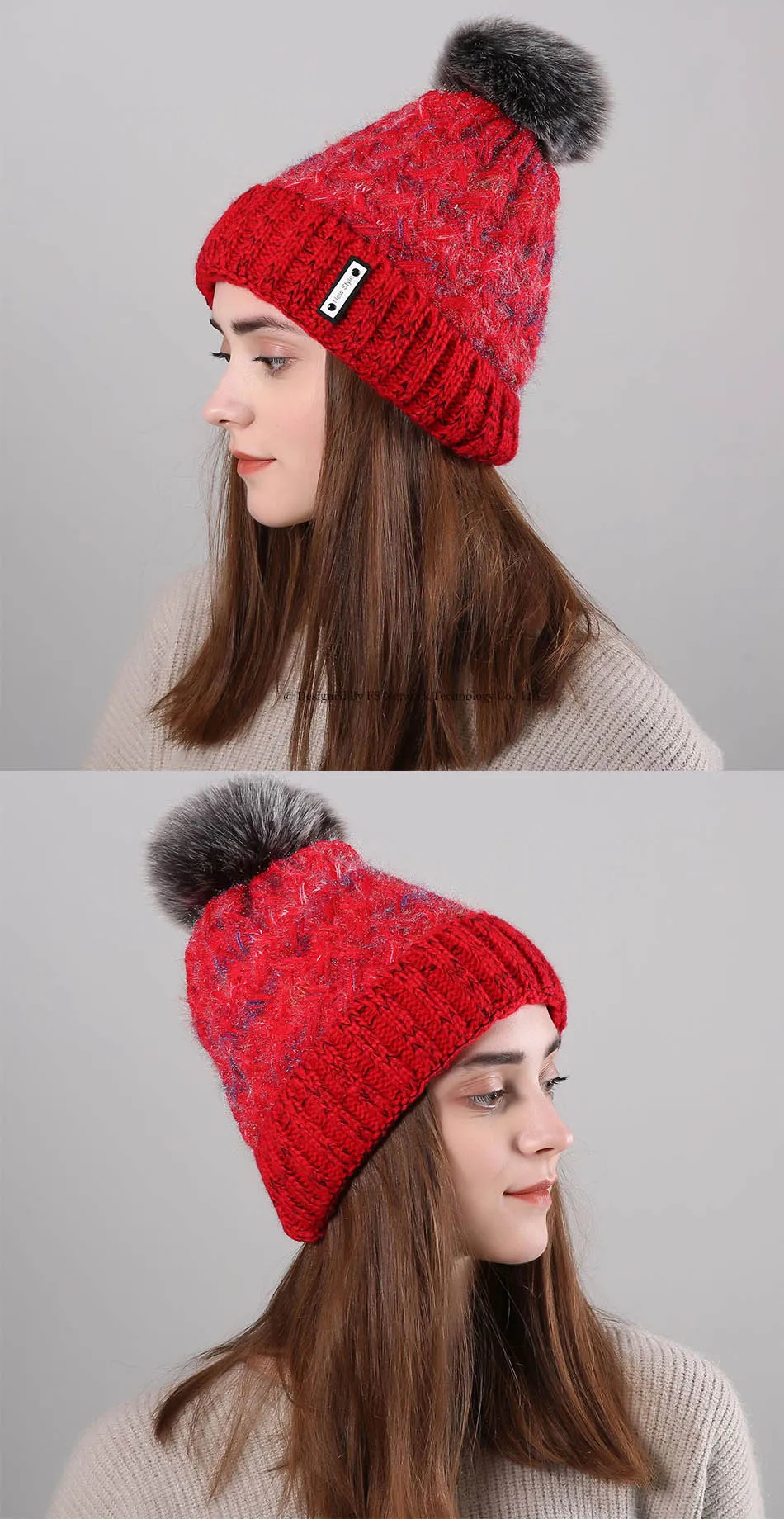 FS стиль зимние шапки для женщин Мех животных Pom Beanie вязаный Skullies Красный розовый плюс бархат открытый уха головы теплые шапки с помпоном