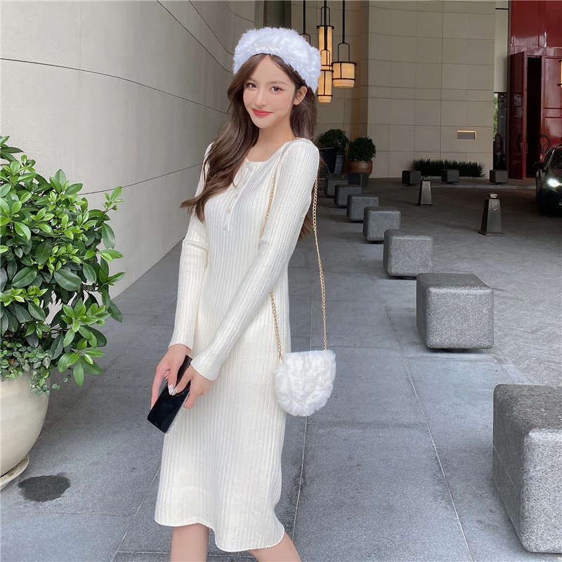 

Женское трикотажное платье до колен, с круглым вырезом и длинным рукавом