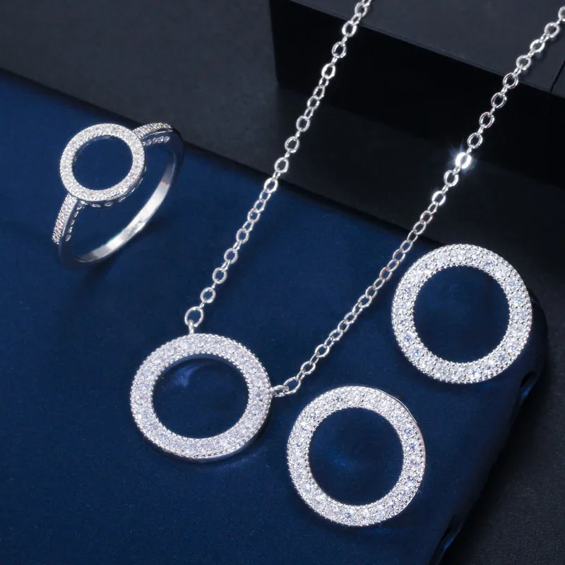 White Cwwzircons бренд классический Кубический Цирконий Кристалл Любовь Круглый Кулон, кольца ожерелье и серьги модный набор украшений для женщин T352 - Metal color: White