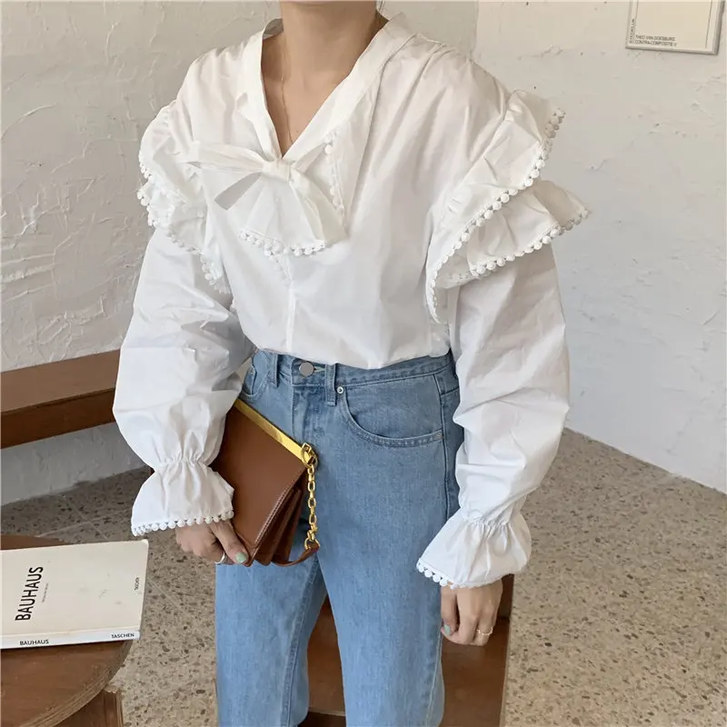 

Alien Kitty 2020 Elegant Sweet Solid Ruffles Irregular Lace Brief Chic Femme Blusas Tops Women Blouses New Spring Loose Shirt