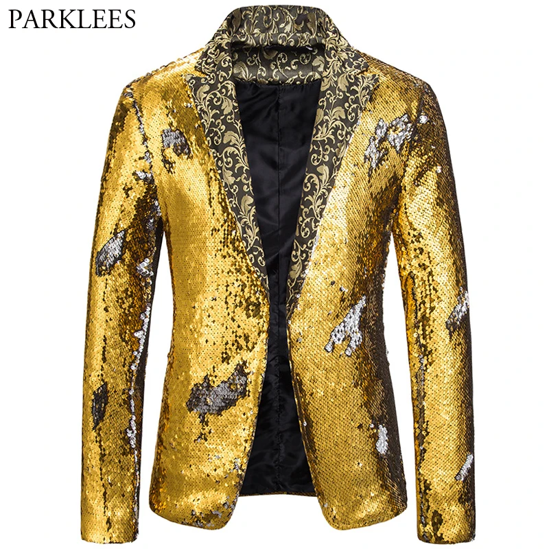 Роскошный Блейзер с золотыми пайетками мужской крутой блестящий костюм пиджак