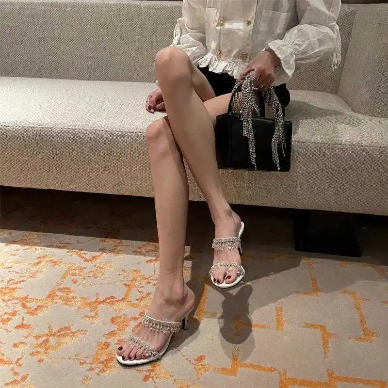 

2021 new Rhinestone open toe sandals crystal pendant one line with sandals