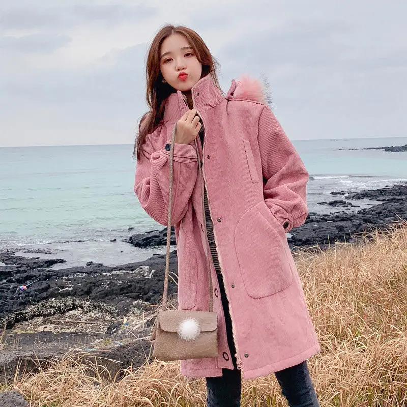 Женская Вельветовая куртка с меховым воротником капюшоном|Женские парки| |