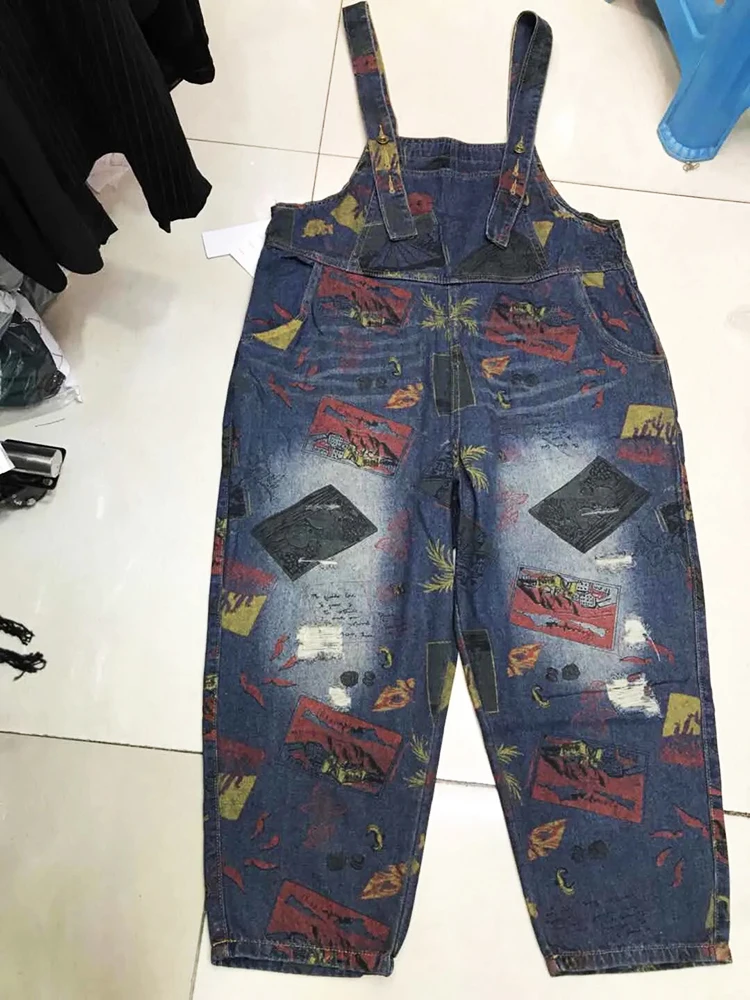 

Plus Size Spring Autumn New Women Jeans Suspender Trousers Casual Loose Fashion Streetwear Cartoon Pattern Denim Overalls SL174