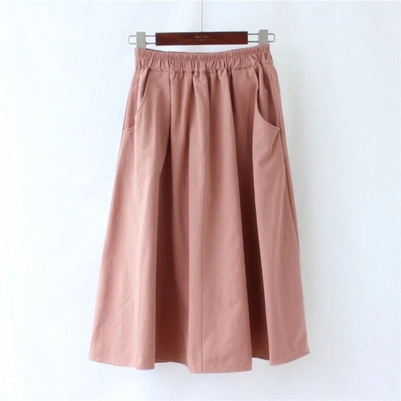 

Women Cotton Skirt 2021 Spring Summer Solid Casual Elegant Pocket Elastic High Waist A-Line Midi Skirts Jupe Femme Faldas Y749