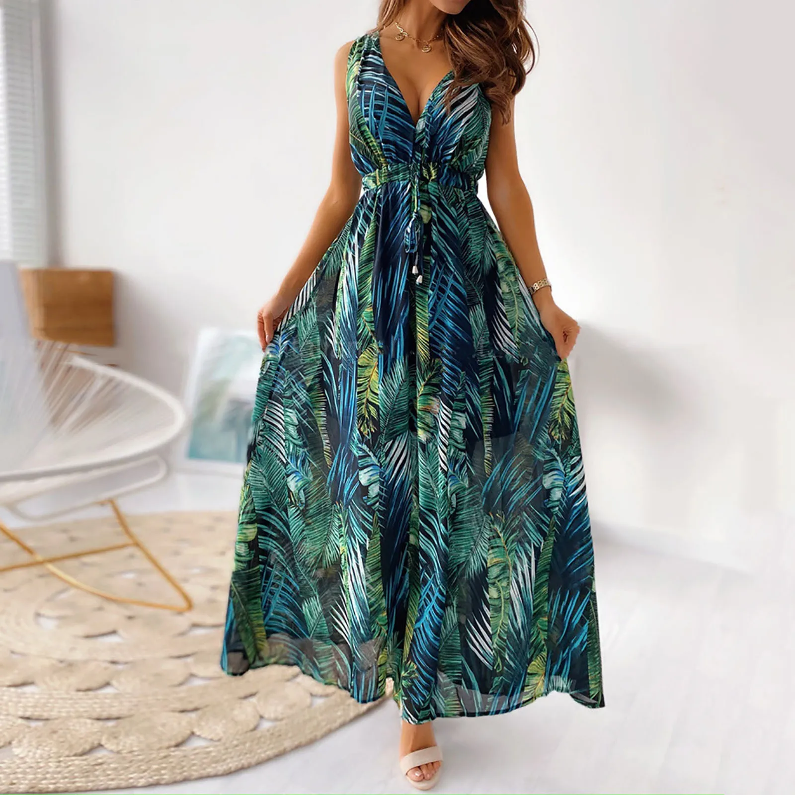 

Outdoor Beach Dresses Bluzki Damskie Letnie Women's Summer New Floral Print Halter Strap Long Dress Banquet Wedding