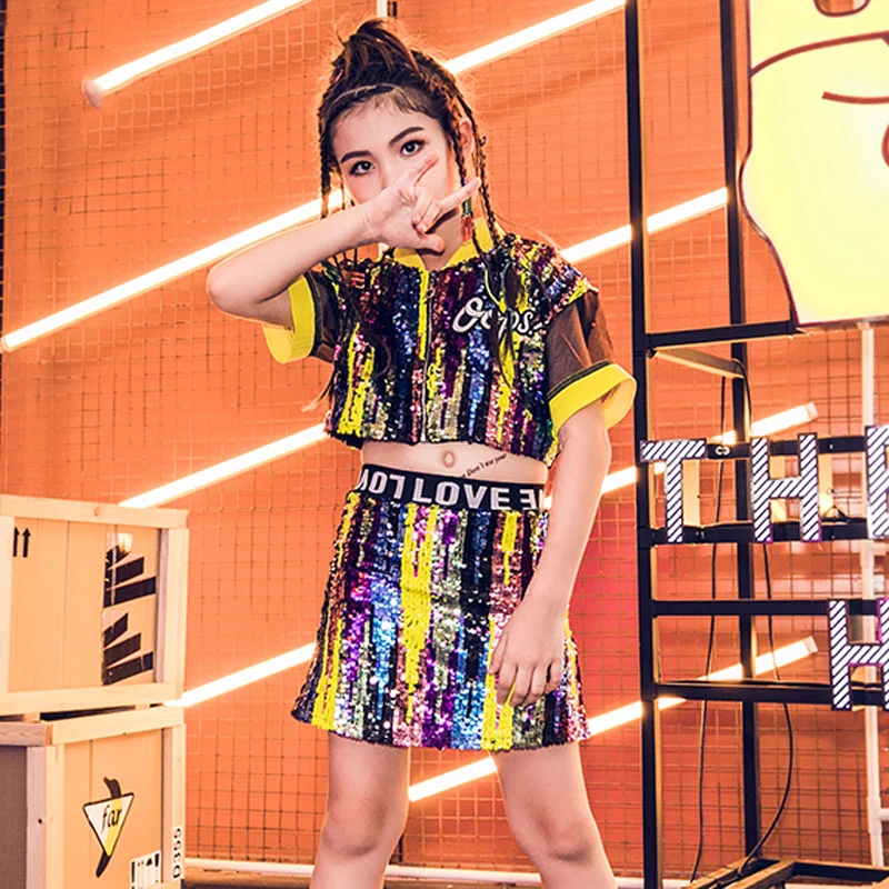 Летние Джаз сценический костюм для девочек с пайетками топ + юбка Одежда танцев в