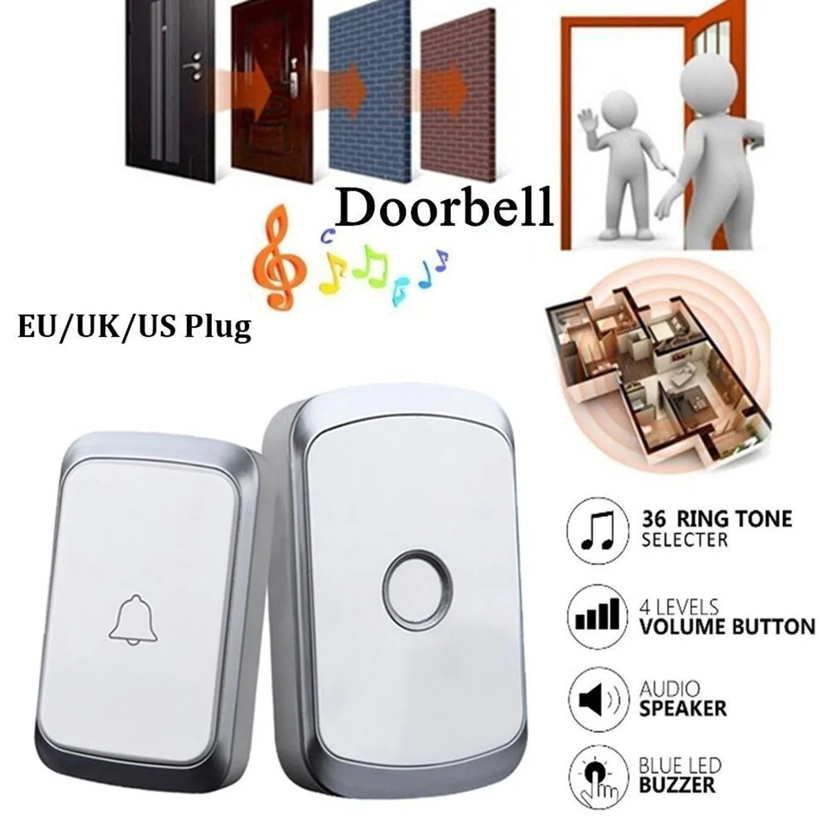 

Security Wireless Doorbell Waterproof Doorbells 300M Range Home Door bell 36 Ring Tones And 4 Volume Level