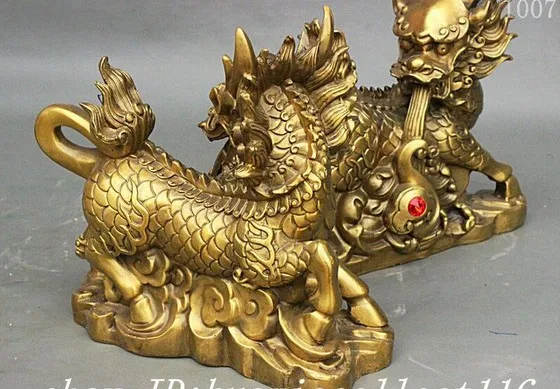 YM 308 Китайский Фэншуй чистый латунный Дракон статуэтка единорога цилинь коса