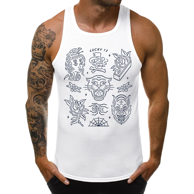 

Hipster Feeling Lucky Men Tank Tops Fashion Line Drawing Tiger Printed Sleeveless Tee Casual Singlet Cool Vest