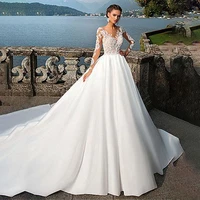 elegant satin v neck a line wedding dresses with lace appliques long sleeves bridal dress wedding gowns vestido longo de festa
