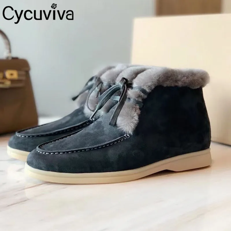 Ботильоны мужские зимние из коровьей замши на шнуровке с мехом плоской подошве -