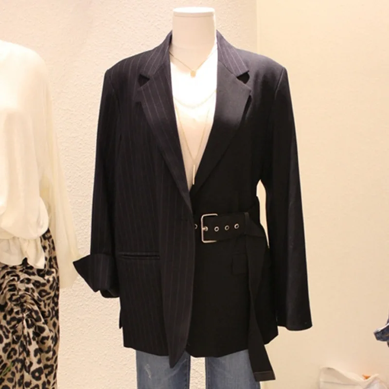 Женский однобортный полосатый блейзер с длинным рукавом поясом универсальный