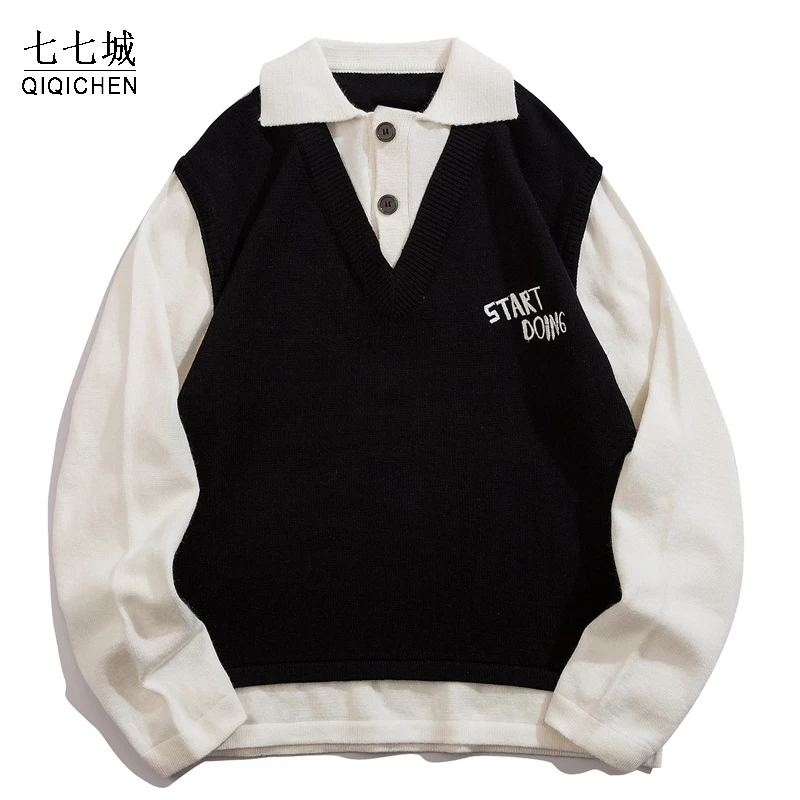 

Streetwear Knitted Sweater Men 2021 Japanese Fake Two Embroidery Harajuku Sweater Oversized Loose Pullover Men Women Loose Black