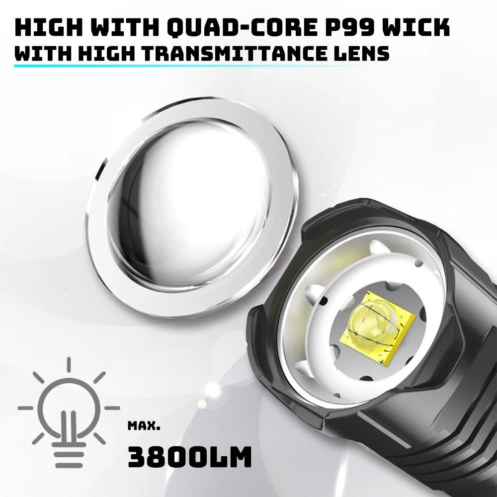 Online XHP99 Senter LED Daya Tinggi 3800LM Senter Taktis Peredupan Stepless Senter Dapat Diperbesar Lentera Tahan Air Berkemah Di Luar Ruangan
