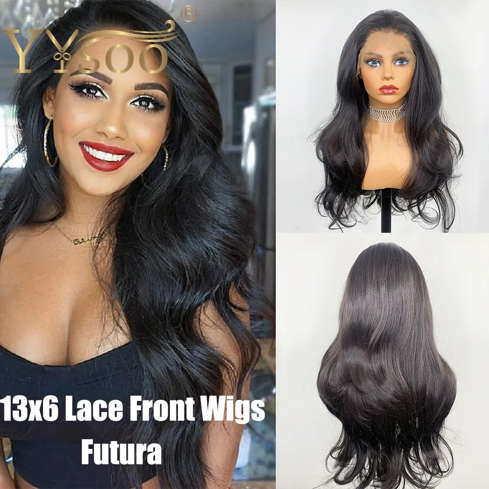 YYsoo Black Futura Hair 13x6 Glueless Lace Front Wig 6inch Parting Long Body Wave Synthetic Wigs For Women Natural Hairline