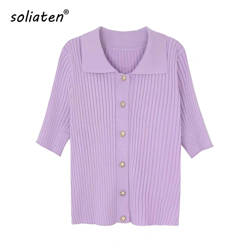 

2021 Летняя женская футболка с короткими рукавами с воротником на пуговицах укороченный топ пуговицы футболка B-049