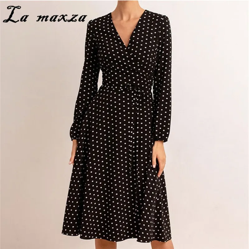 

Vintage Fashion Women Dot Midi Dress Spring Casual V-neck Long Sleeves Slim Dress for Laides
