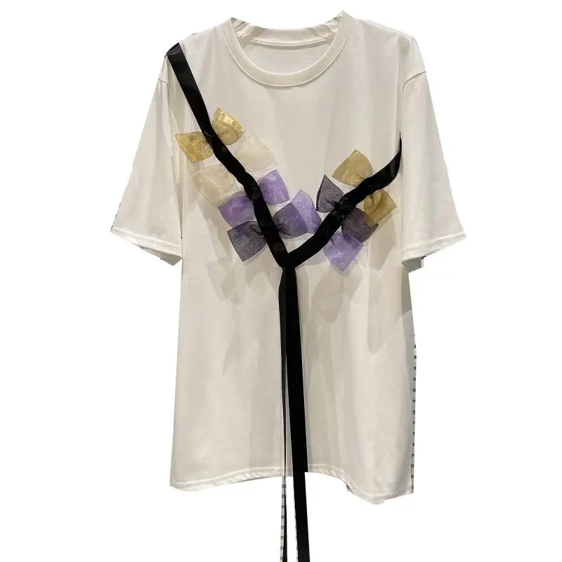 

Women Straight Casual T Shirt 2021 Summer New Color Mesh Flower Ribbon Bow Shirt Top Female Short Sleeve Loose T Shirt