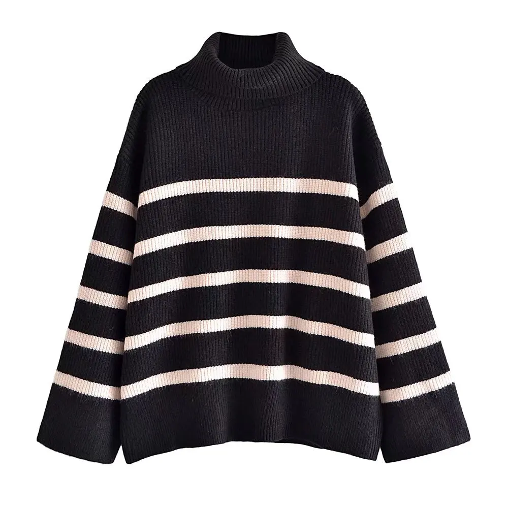 

New Women Fashion Striped Knit Sweater High Neck Long Sleeves Chic Lady Woman Casual Oversized Pullover Winter Warm Top